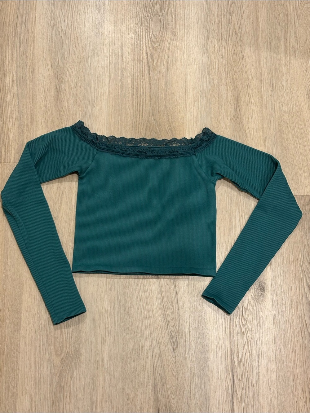 Urban Outfitters Teal Ribbed Lace-Trim Long Sleeve Crop Top